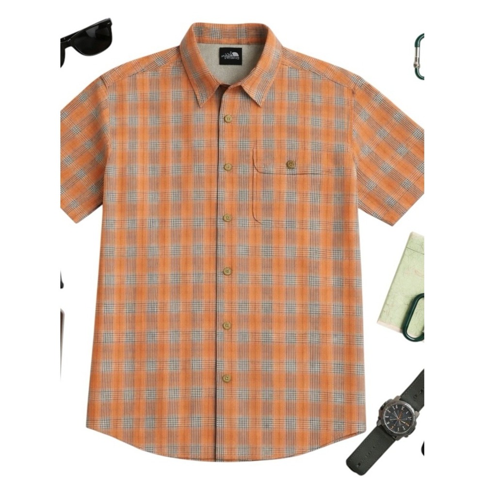 The North Face Orange Gray Plaid Short Sleeve Button Shirt Men's XL Outdoor Wear